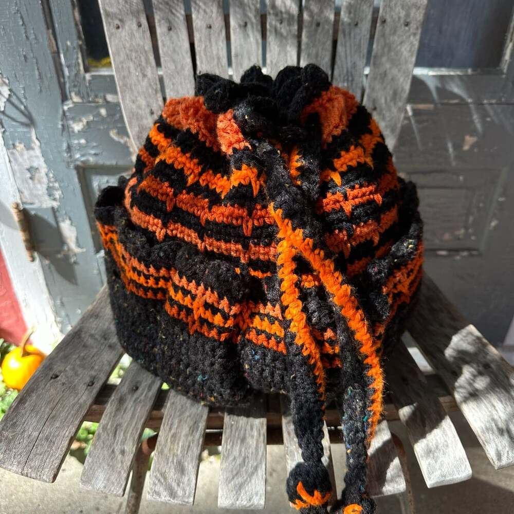 Vintage Handmade Crochet Black And Orange Striped Spooky Drawstring Bag